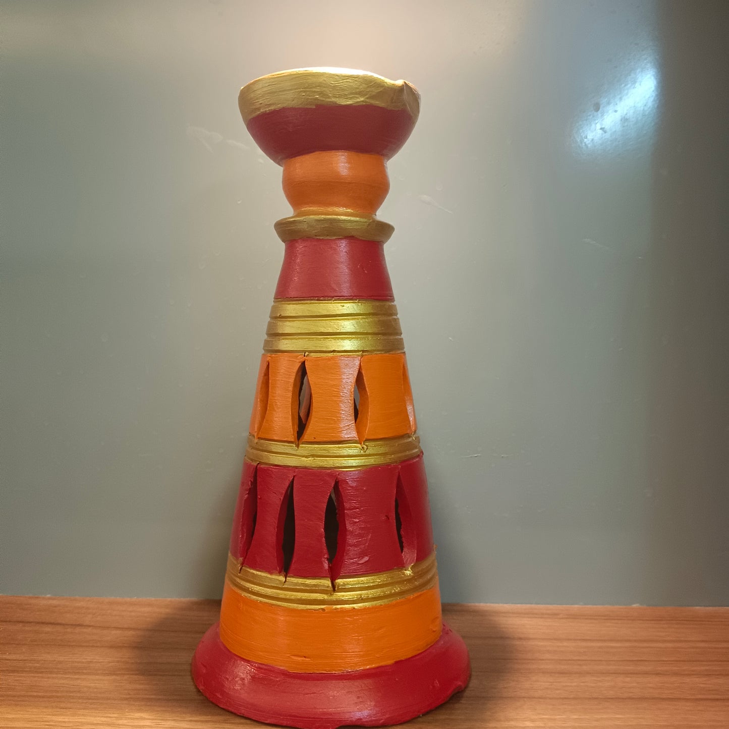 Artisanal Earthenware Tower Diya/Candle Stand in Red & Gold