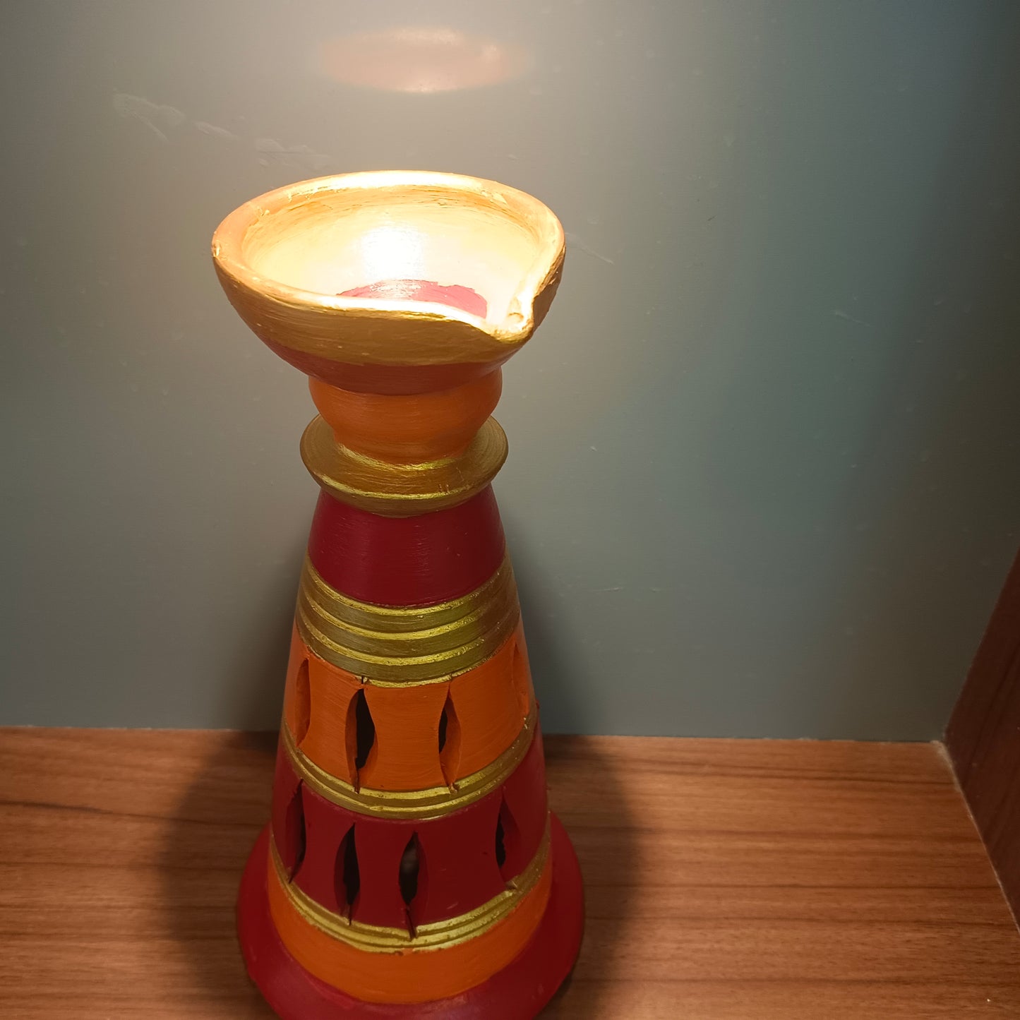 Artisanal Earthenware Tower Diya/Candle Stand in Red & Gold