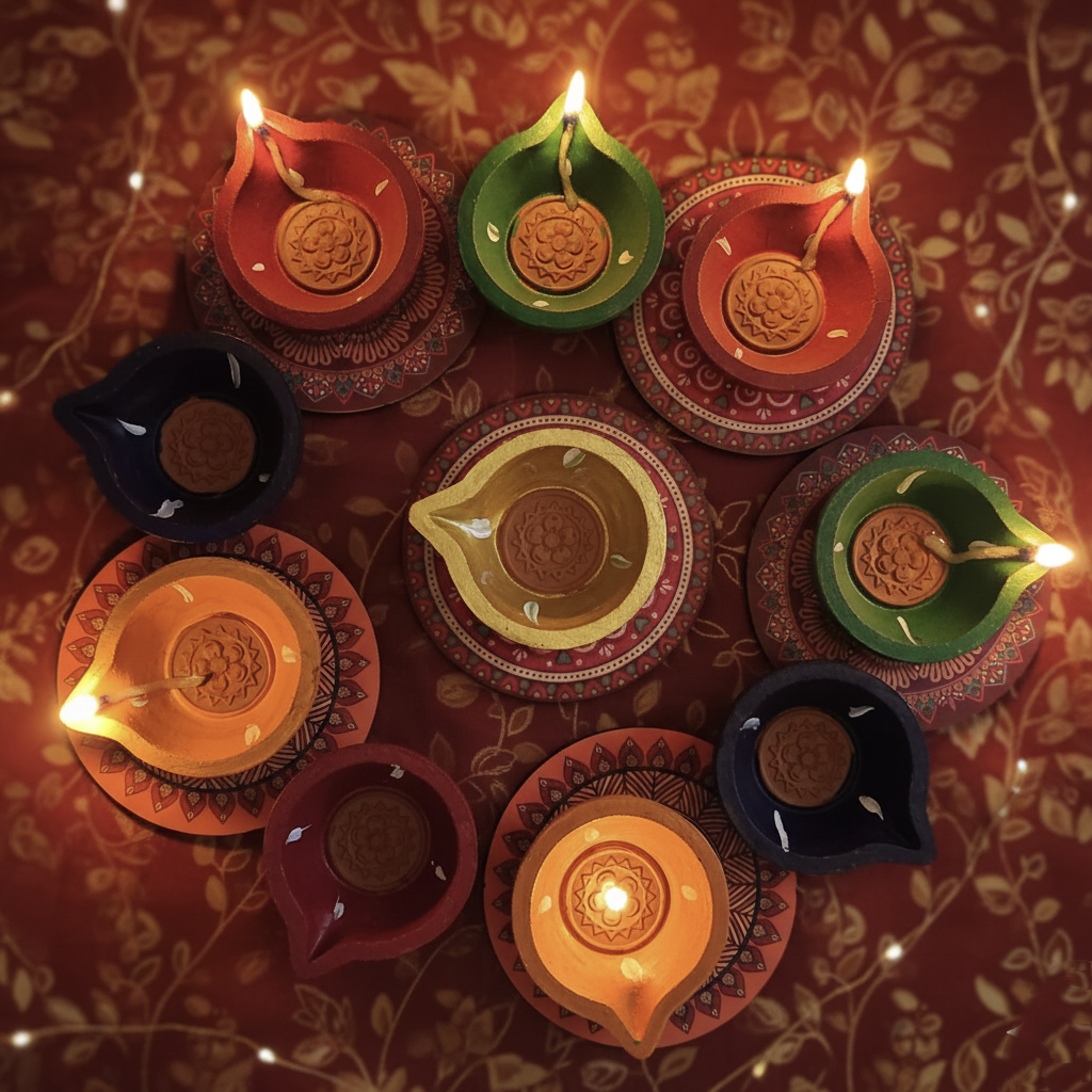 Vibrant Hand-Painted Terracotta Diya Set - Festive Deepam Collection