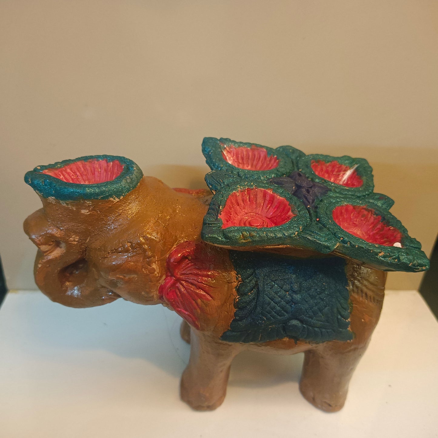 Hand-Painted Terracotta Elephant Planter / Diya Holder - Festive Kerala Accent