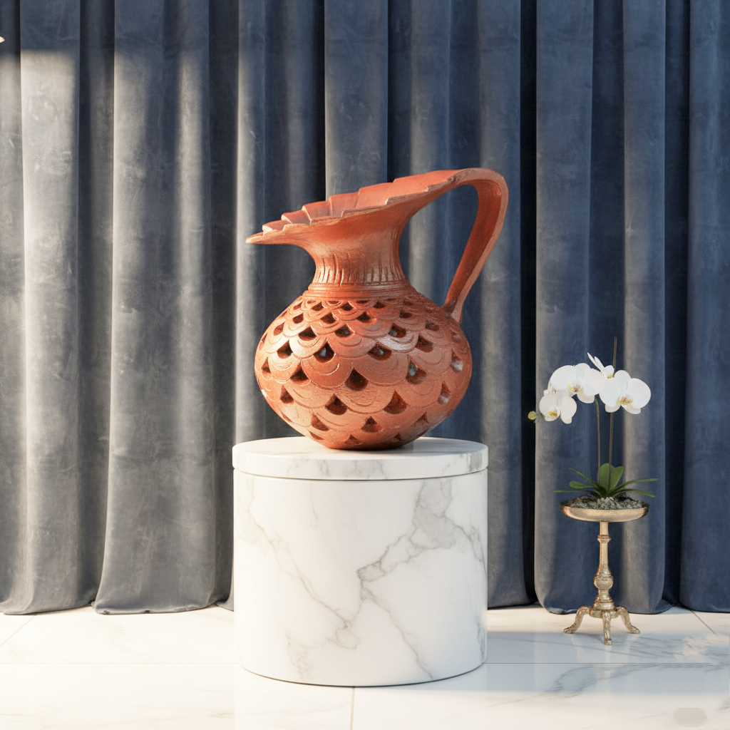 Handmade Terracotta Cutwork Jug | Earthenware Scallop Lattice Pitcher