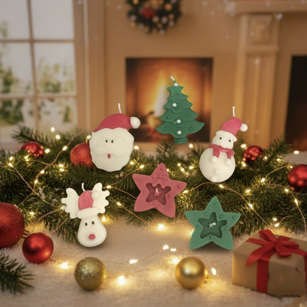 Santa's Whimsical Shape Candle Collection (or) Novelty Christmas Character Wax Set (6 Pcs)
