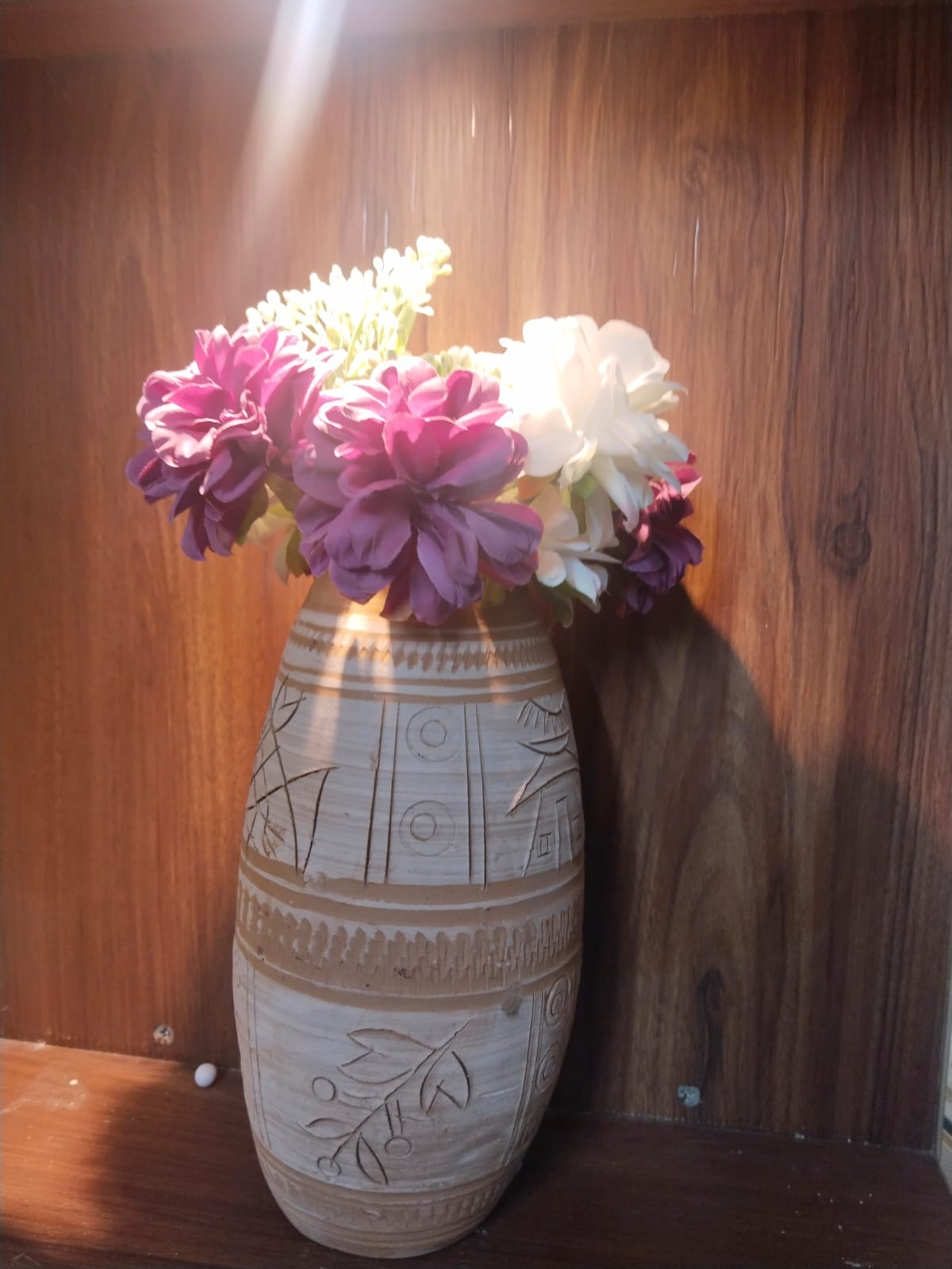 Hand-Carved Terracotta Art Vase: Earthen Kerala Tribal & Folk Motifs(only vase)