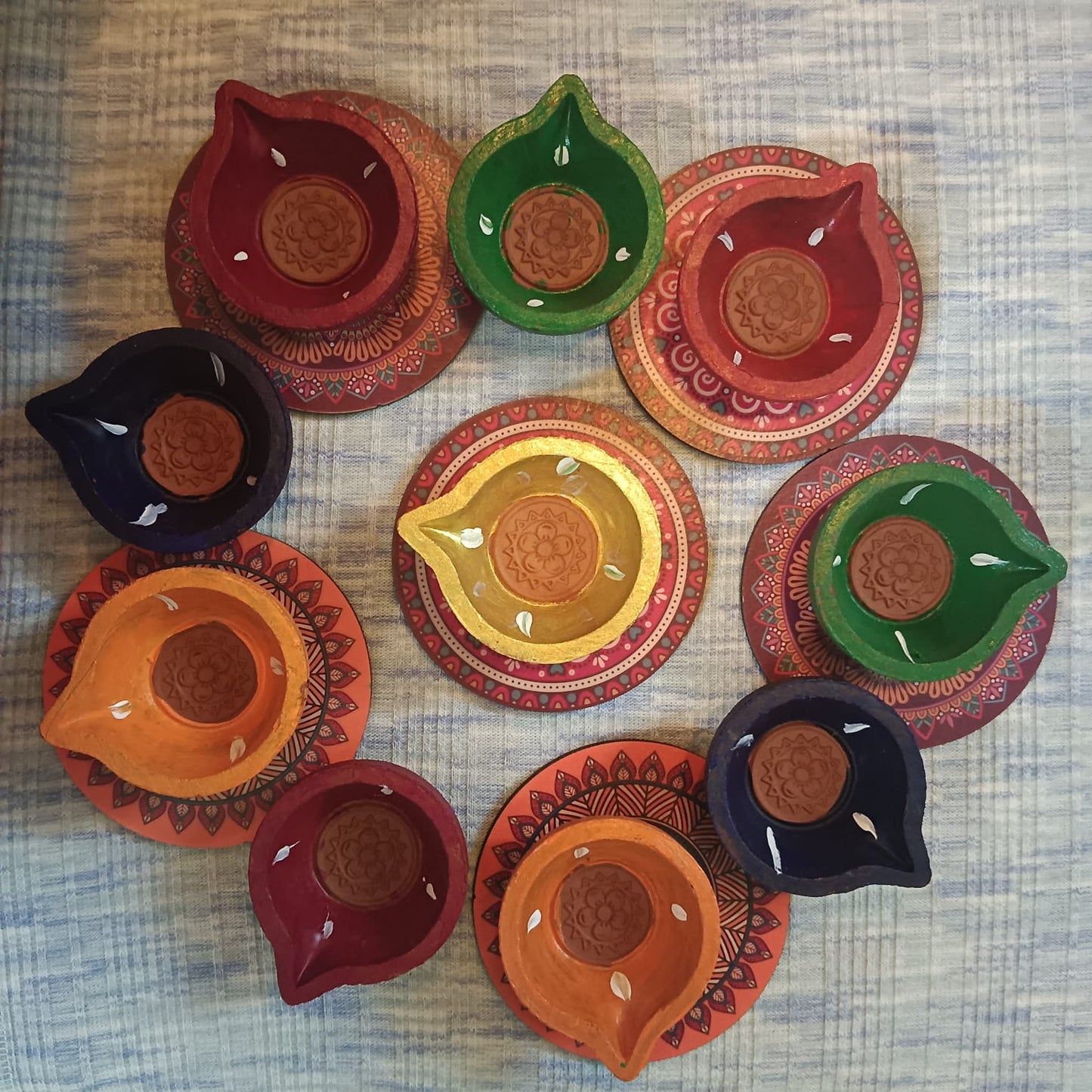 Vibrant Hand-Painted Terracotta Diya Set - Festive Deepam Collection