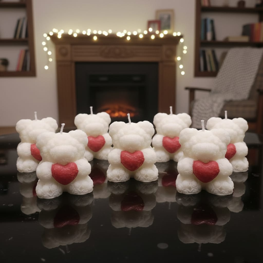 White Rose-Textured Teddy Bear Candle with Red Heart (PACK of 2)