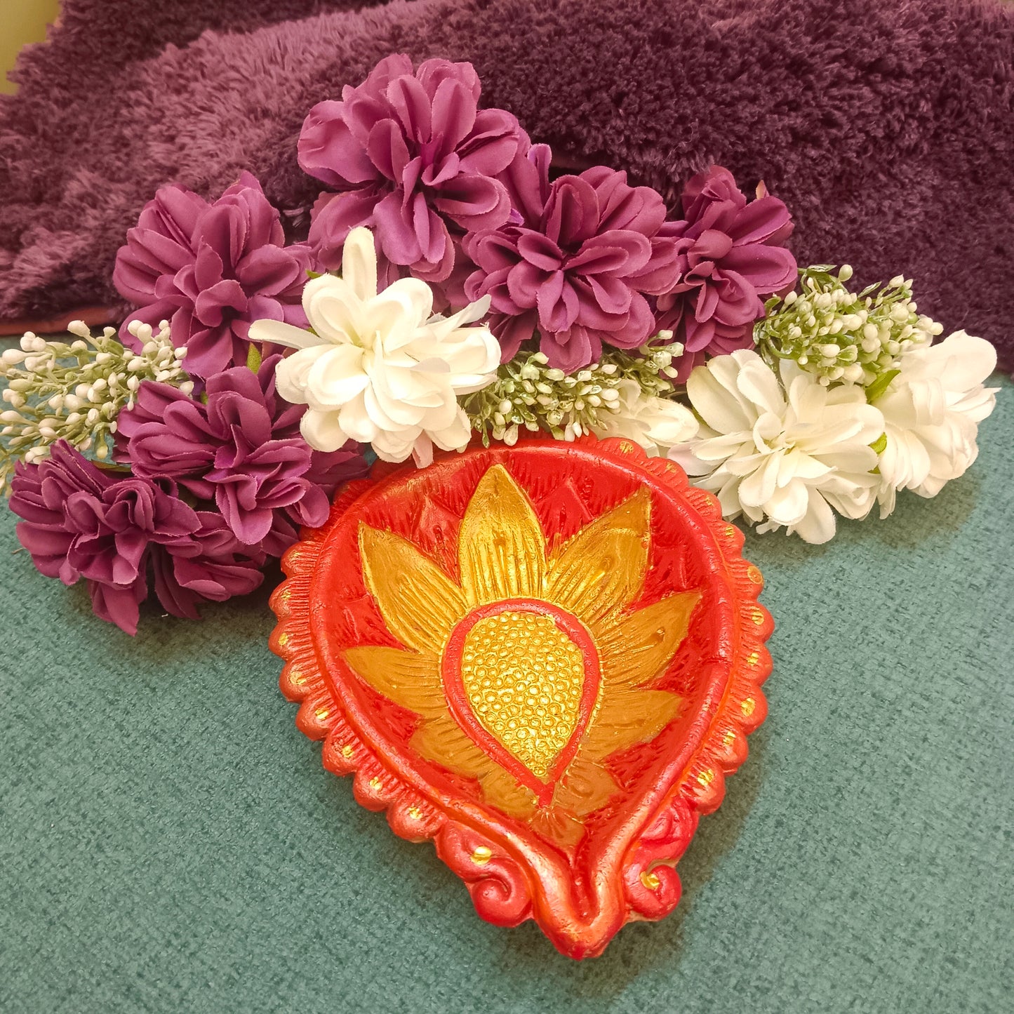 Golden Lotus Terracotta Diya - Hand-Painted Earthen Lamp