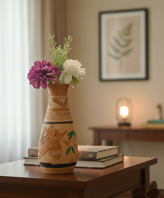 Handcrafted Terracotta Flower Vase - Tribal Art Etching(vase only)