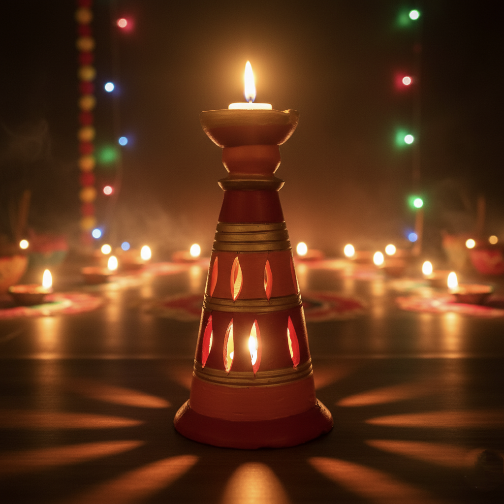 Artisanal Earthenware Tower Diya/Candle Stand in Red & Gold