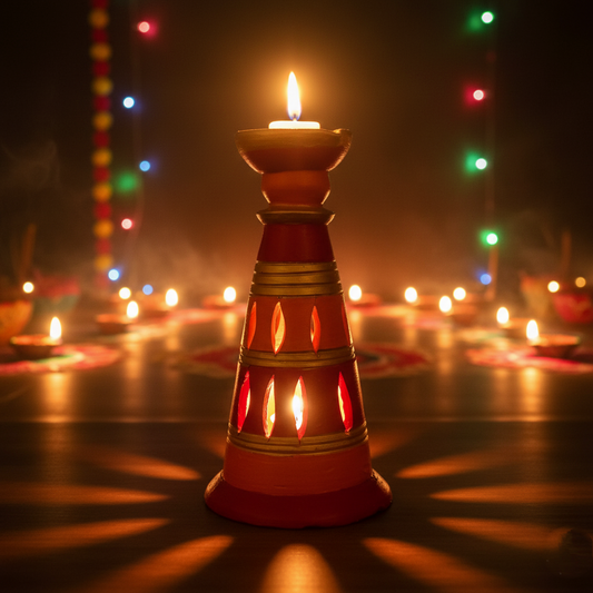 Artisanal Earthenware Tower Diya/Candle Stand in Red & Gold