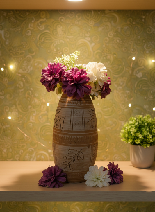 Hand-Carved Terracotta Art Vase: Earthen Kerala Tribal & Folk Motifs(only vase)