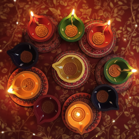 Vibrant Hand-Painted Terracotta Diya Set - Festive Deepam Collection
