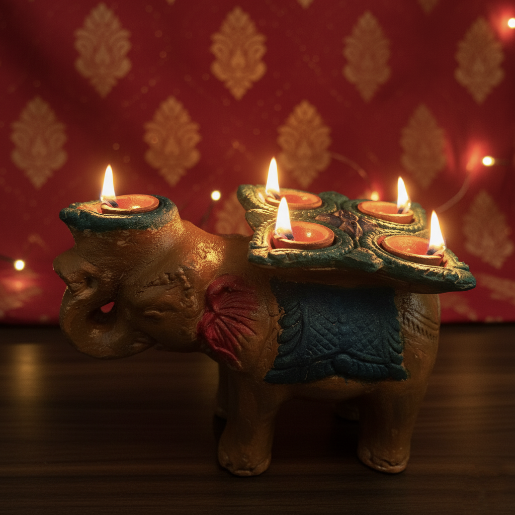 Hand-Painted Terracotta Elephant Planter / Diya Holder - Festive Kerala Accent