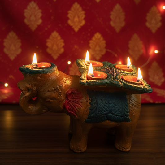 Hand-Painted Terracotta Elephant Planter / Diya Holder - Festive Kerala Accent