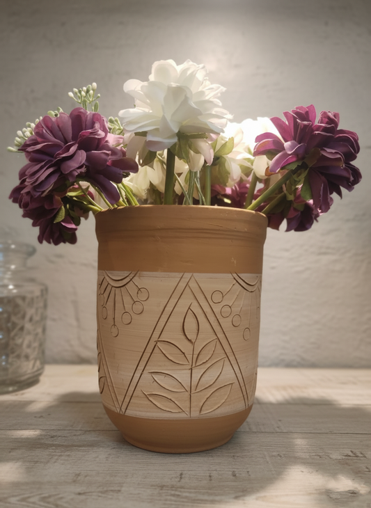 Authentic Kerala Handmade Terracotta Engraved Flower Vase
