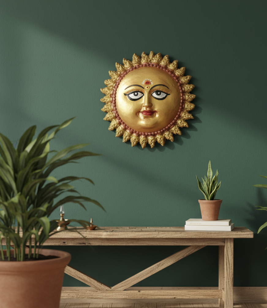 Surya Dev" Golden Sun Face Terracotta Wall Hanging | Handcrafted Earthen Art