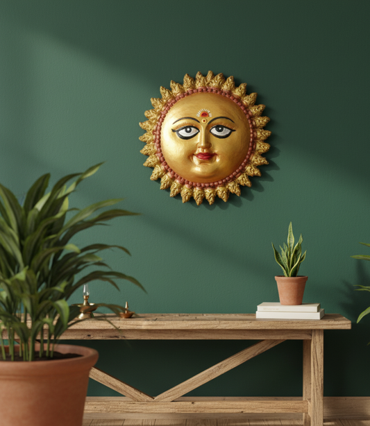 Surya Dev" Golden Sun Face Terracotta Wall Hanging | Handcrafted Earthen Art