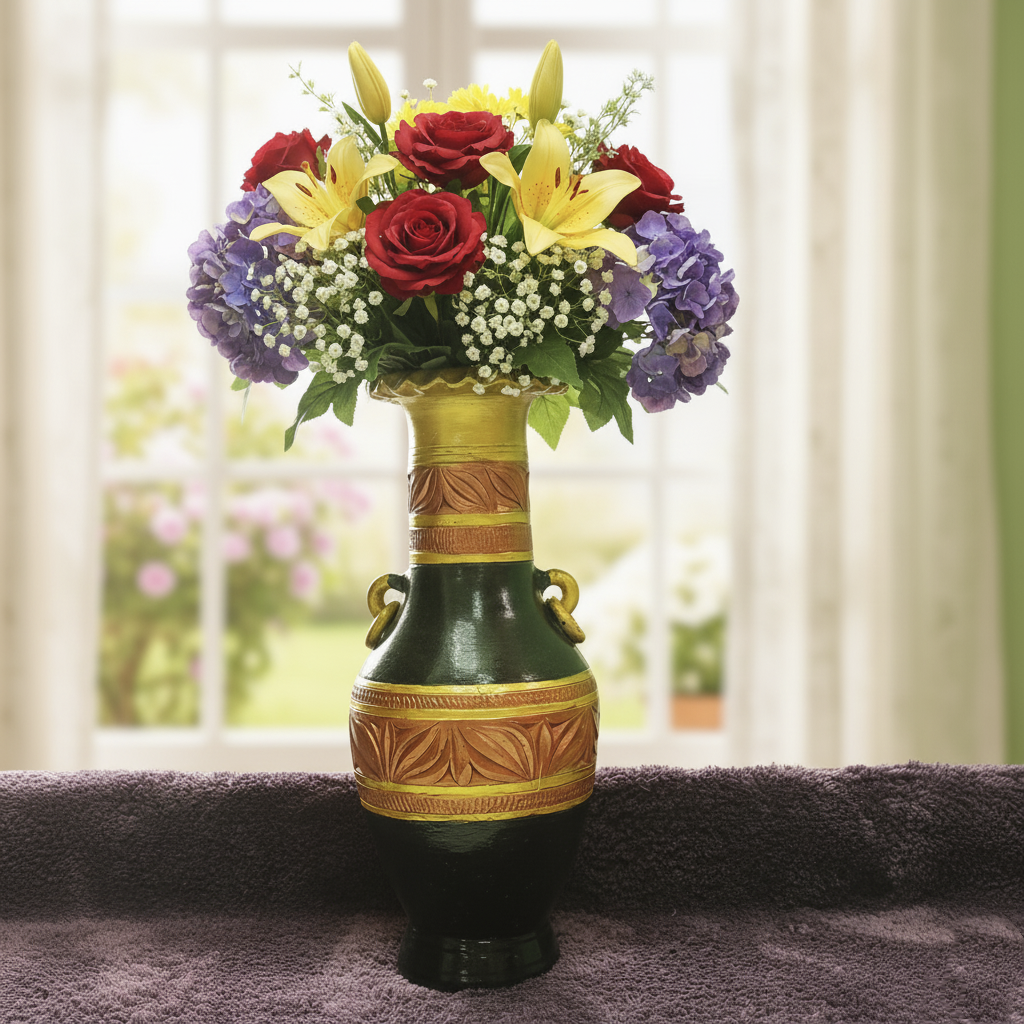 Hand-Painted Kerala Terracotta Flower Vase | Black & Gold Ethnic Earthenware
