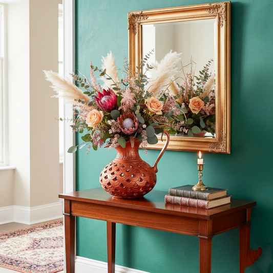 Handmade Terracotta Cutwork Jug | Earthenware Scallop Lattice Pitcher