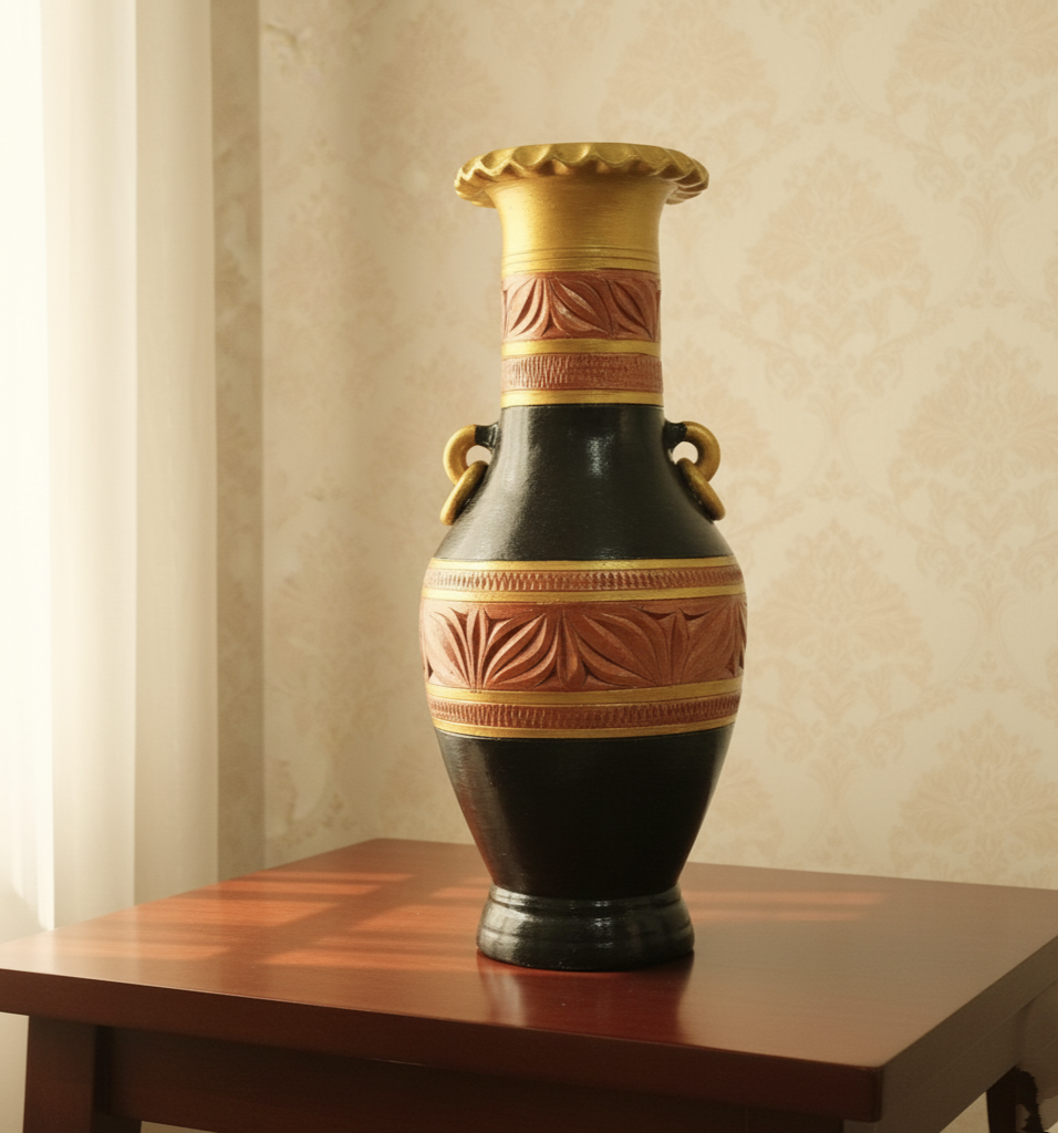 Hand-Painted Kerala Terracotta Flower Vase | Black & Gold Ethnic Earthenware