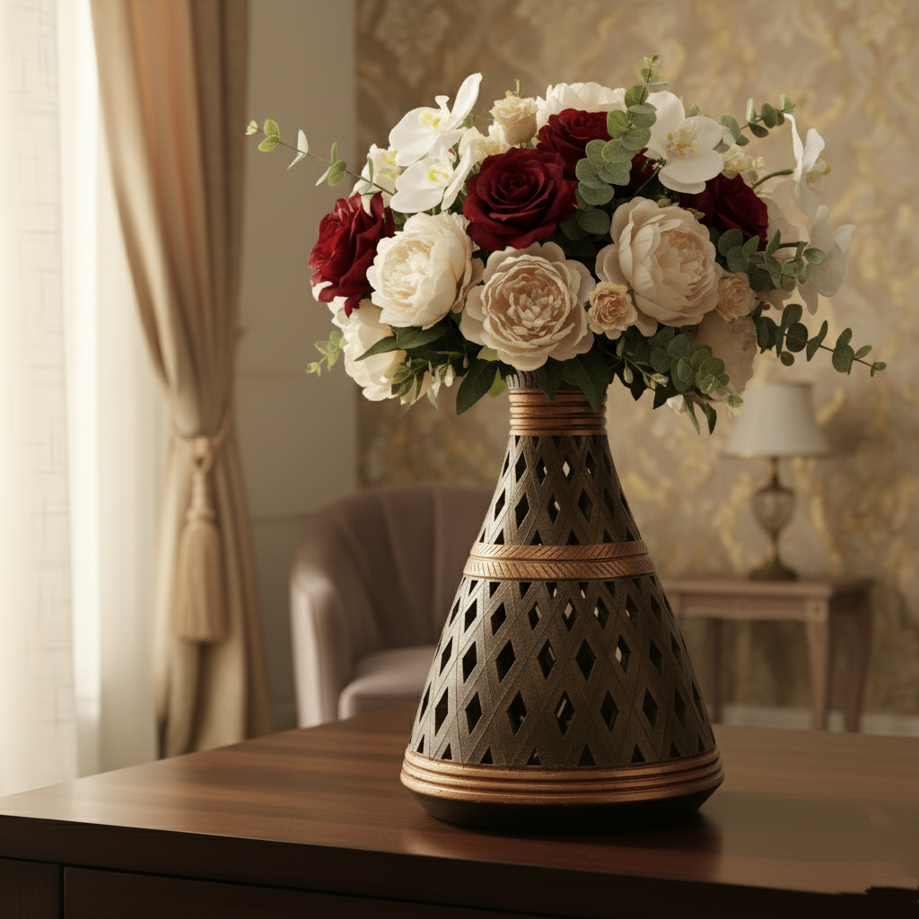 Decorative Brown and Gold Diamond Lattice Vase