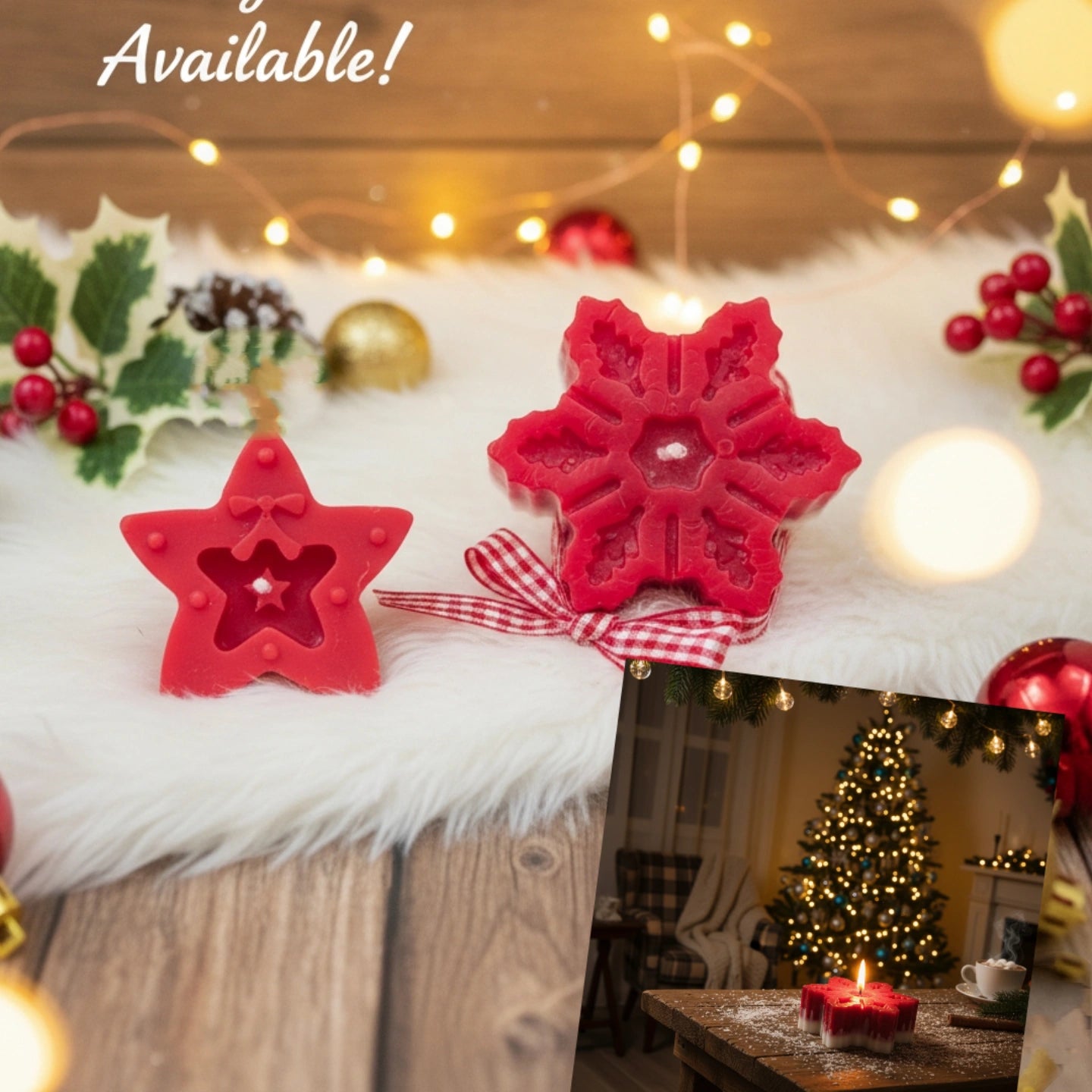 Festive Red Snowflake & Star Shaped Candle Set (2 Pcs)