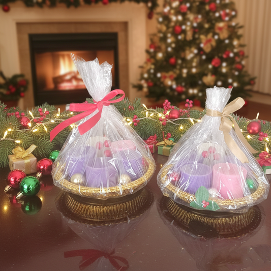 Holiday Votive Candle Gift Basket Duo (or) Festive Cheer Wrapped Candle Collection
