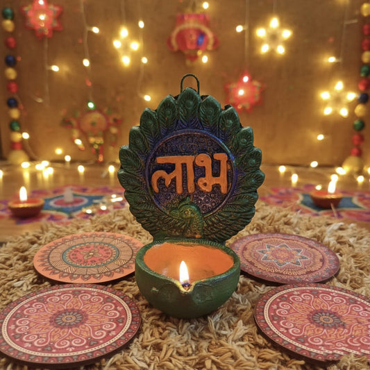 Handmade Terracotta Peacock Diya with 'Labh' - Traditional Indian Decorative Oil Lamp
