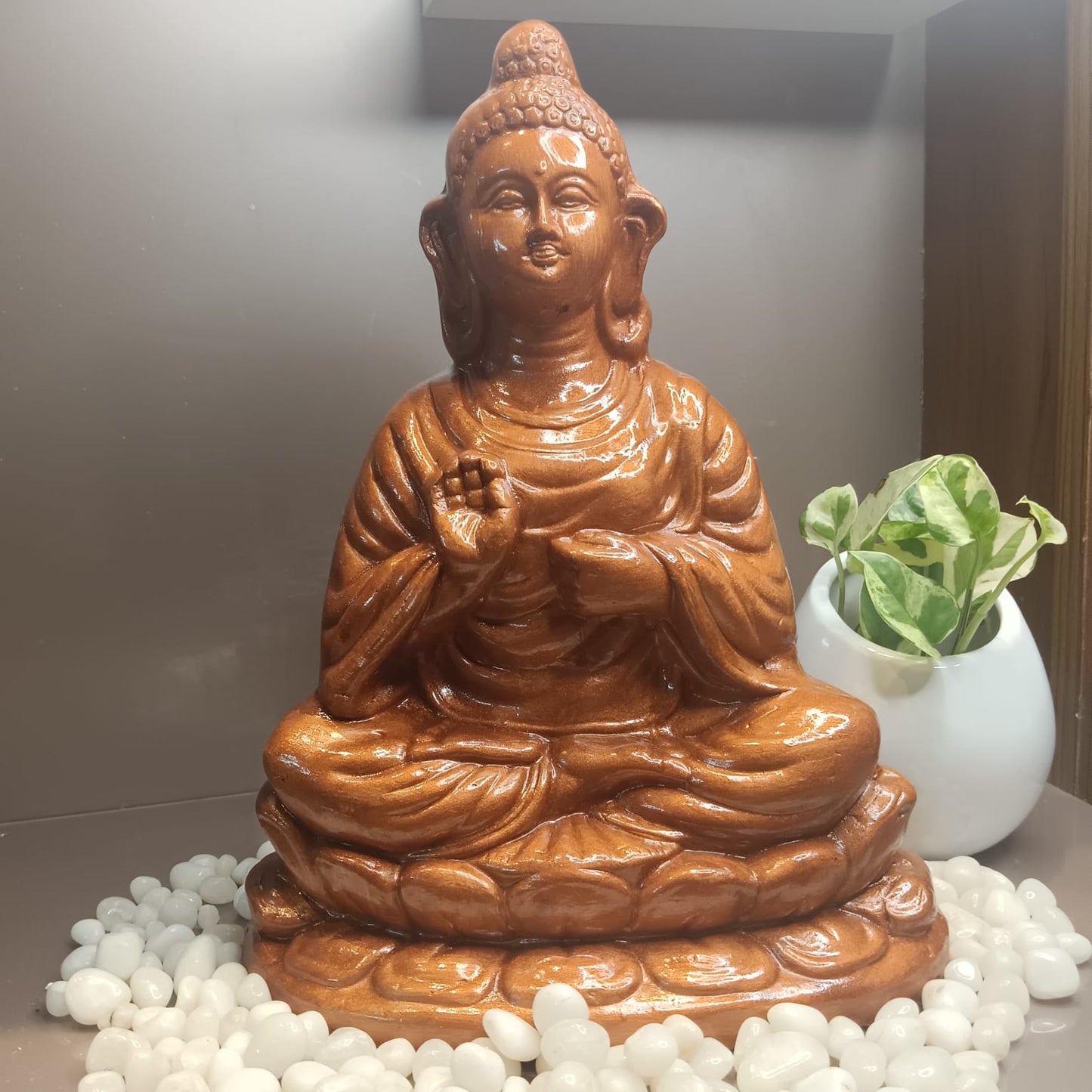 Glossy Earthenware Meditating Buddha Statue (Abhaya Mudra)