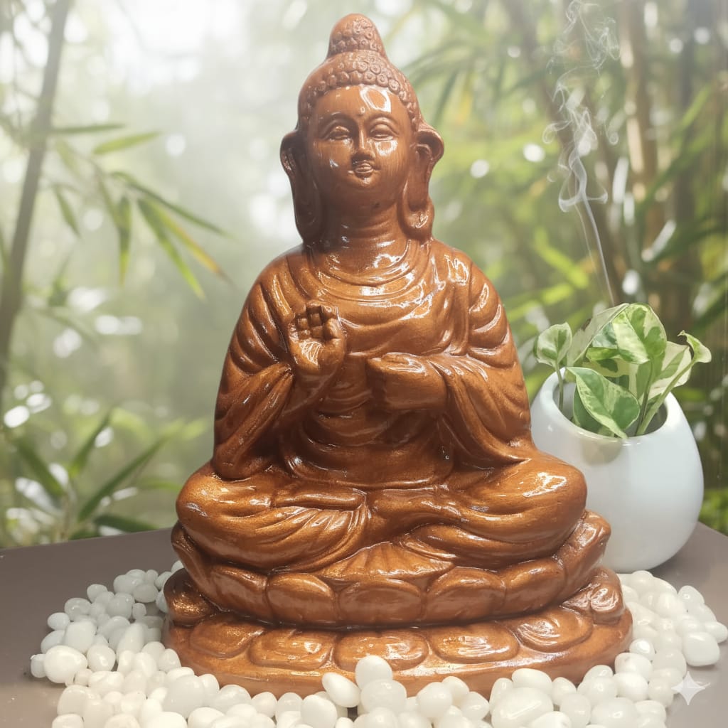 Glossy Earthenware Meditating Buddha Statue (Abhaya Mudra)