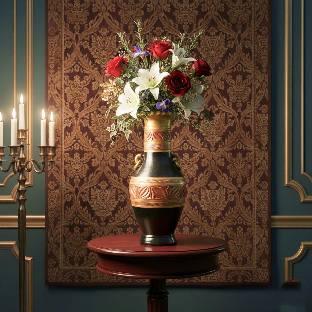 Hand-Painted Kerala Terracotta Flower Vase | Black & Gold Ethnic Earthenware